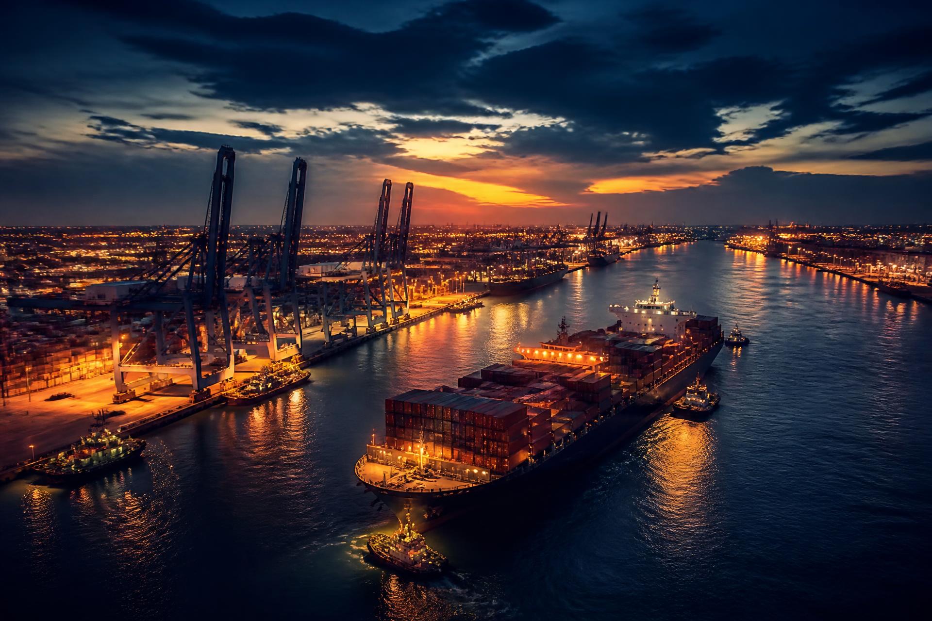 Global shipping port at twilight